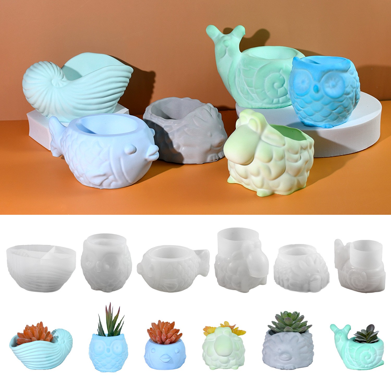 Potsticker Mold - 3D 動物植木鉢シリコーン型 DIY カタツムリフクロウ巻貝ハリネズミ魚多肉植物プランター植木鉢石膏エポキシ樹脂型