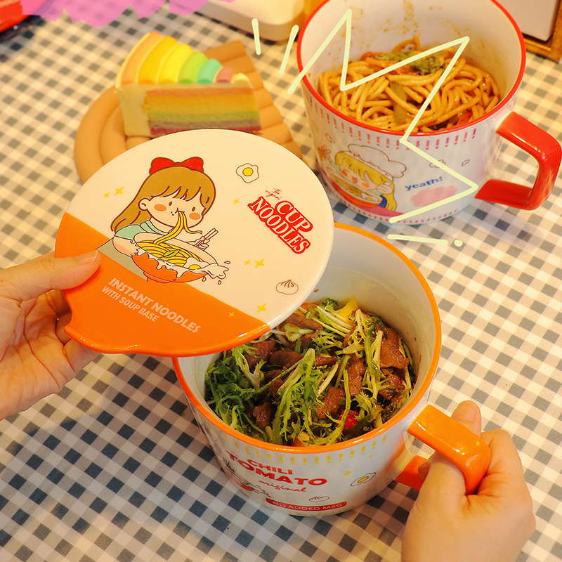 Dim Sum Basket - 漫画風インスタントラーメンボウル 蓋付き 950ml サラダボウル セラミックスープハンドルカップ 学生